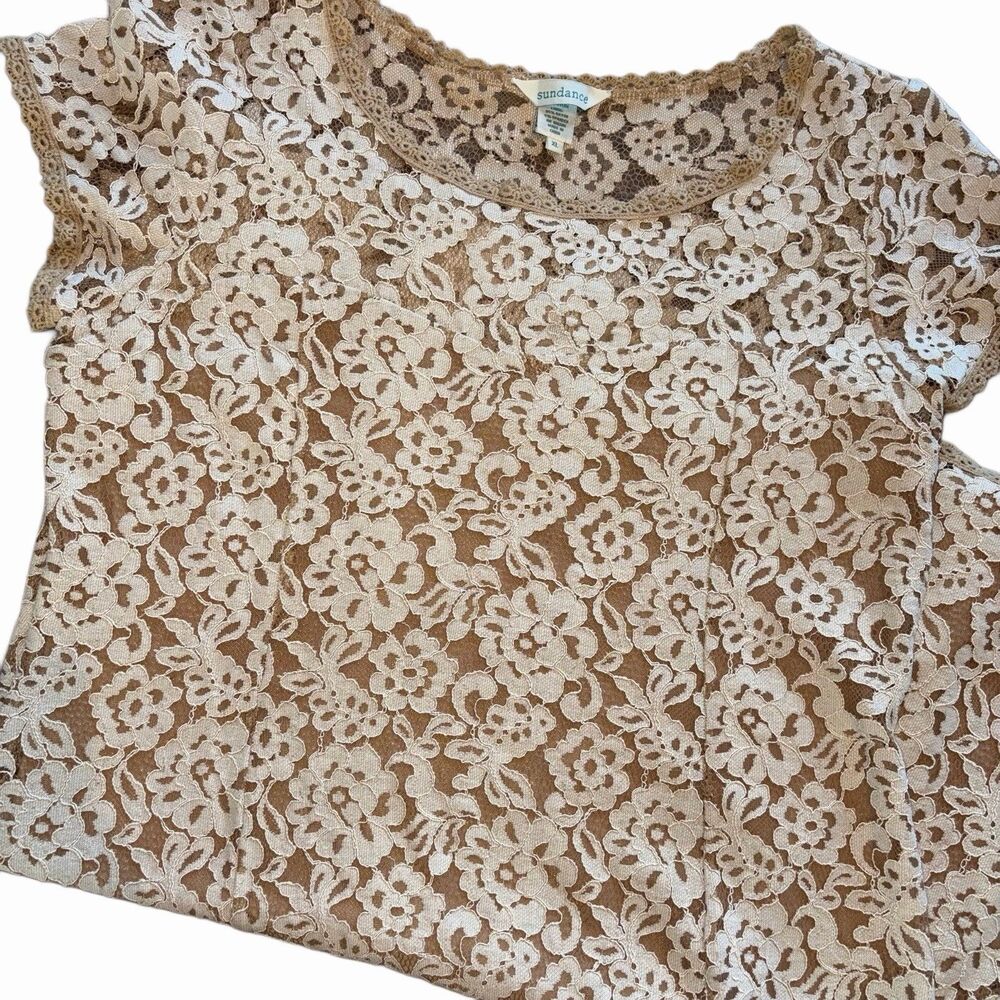 Sundance Sweetheart Dress Floral Lace Overlay Beige XLarge Bohemian Knee Length